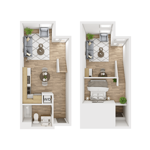 Two images of a small apartment layout with a living room, kitchen, and bathroom.